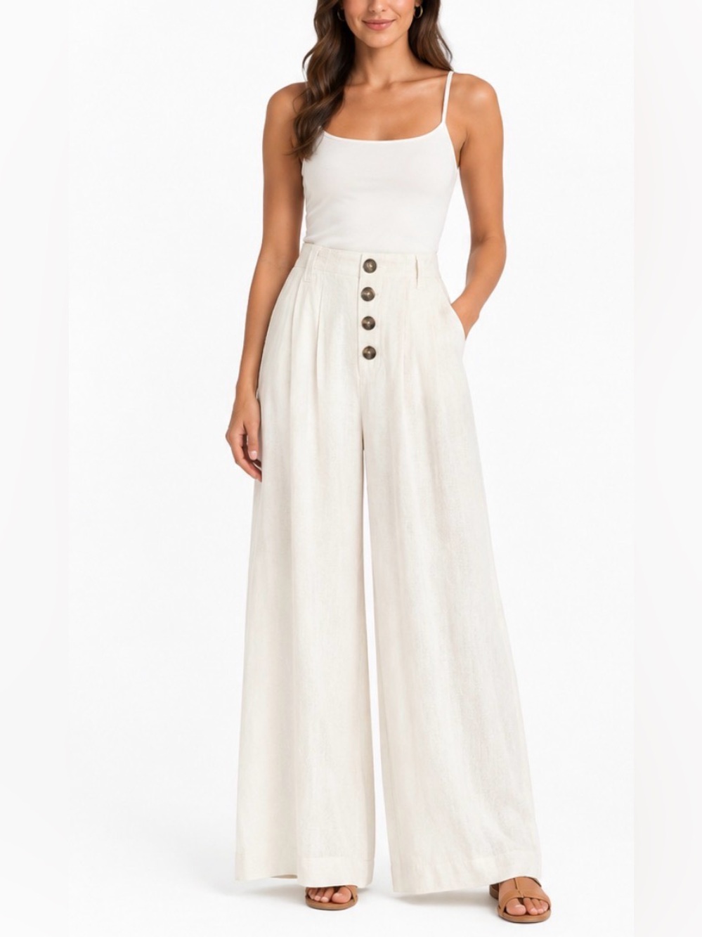 Zara TRF Collection High-Waist Wide-Leg White Pants with Front Button Detail